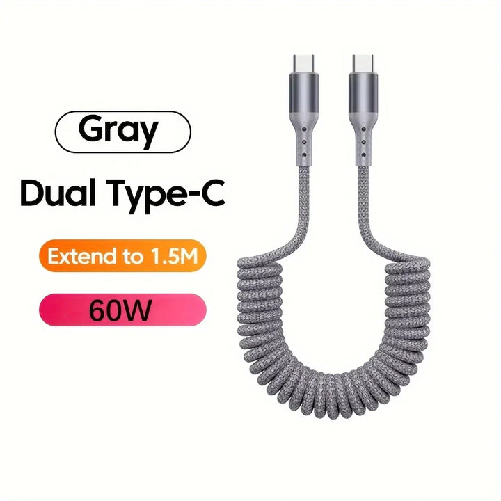 Universal 100W USB-C spring cable fully extended, showing data transfer capability