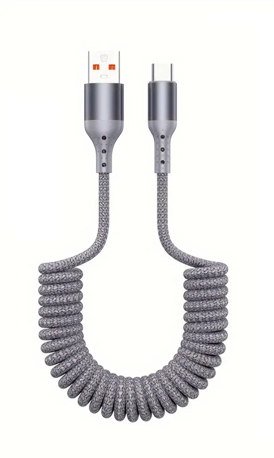 Close-up of robust USB-C connector on 100W spring charging cable, tech accessory