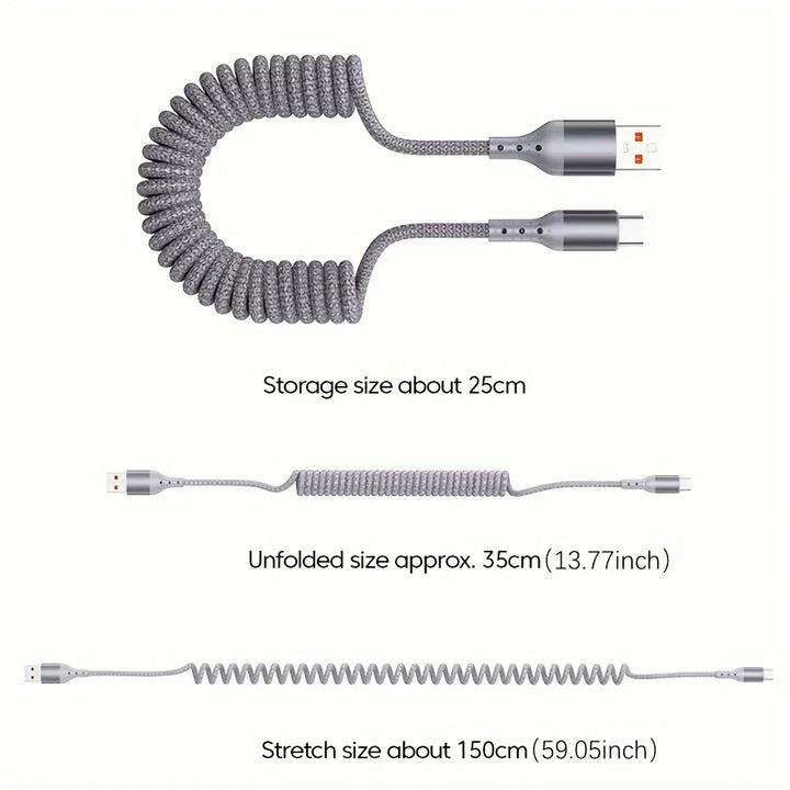 FlexCharge 100W USB-C spring cable extending, showcasing flexibility for fast charging