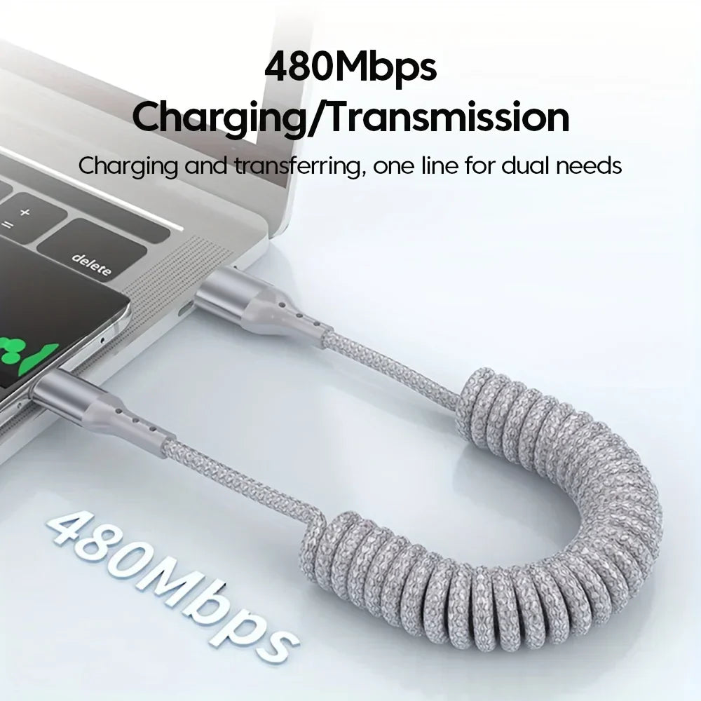Close-up of 100W USB-C connector on spring charging cable, durable design