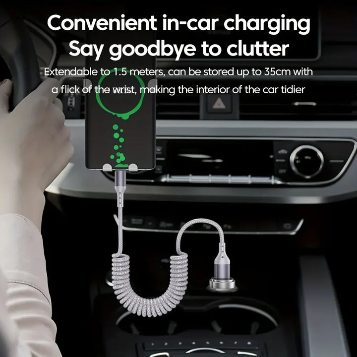 Universal 100W USB-C spring cable connected to smartphone, fast charging indicated