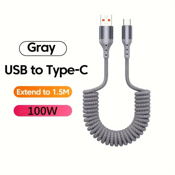 Detail of 100W USB-C spring charging cable with braided exterior for extra strength