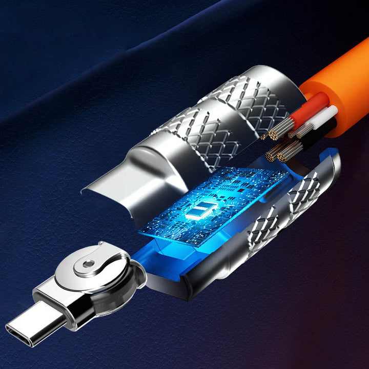 Durable 120W anti-break fast charging cable for Type-C & iPhone, featuring 180° rotating connector.