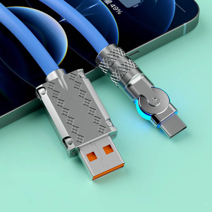 180° rotating fast charging gaming cable for mobile phones, Type-C & iPhone, high-speed data.