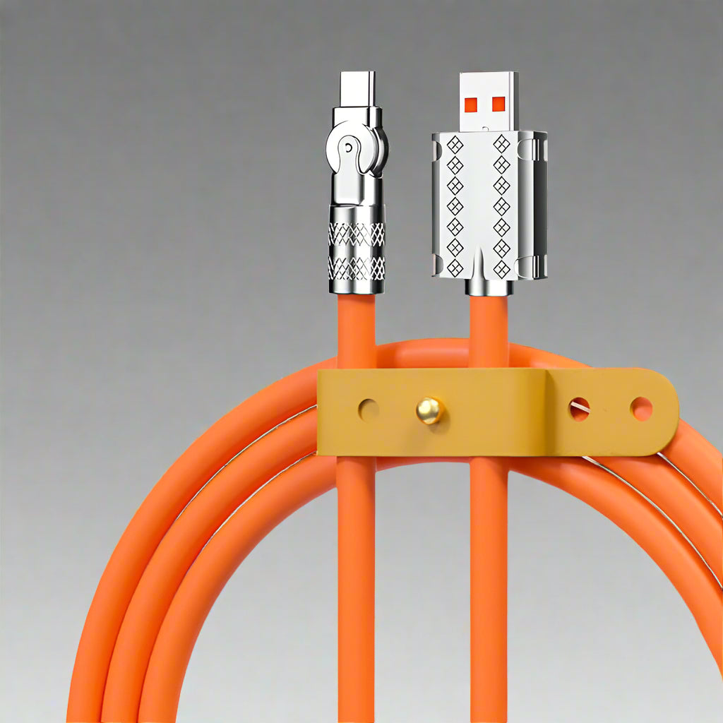 Anti-break 120W universal fast charging data cable with 180° rotation, reliable for all devices.