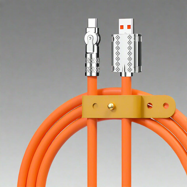 Anti-break 120W universal fast charging data cable with 180° rotation, reliable for all devices.