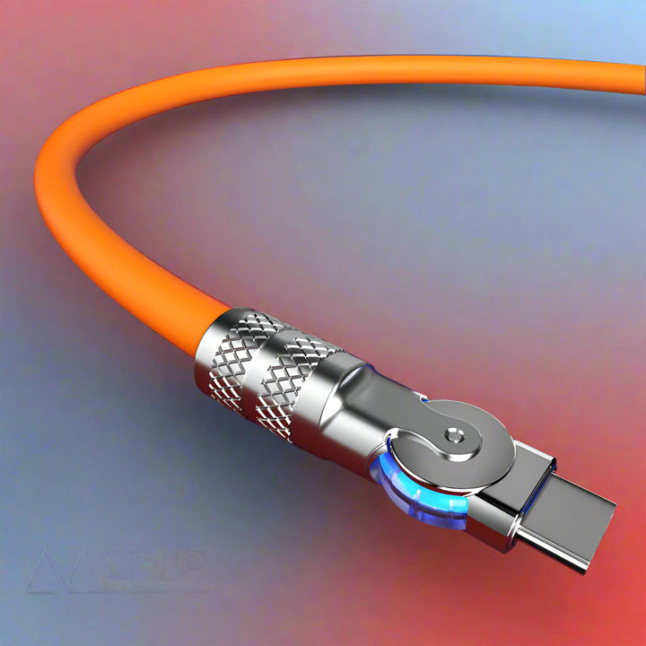 Efficient 120W fast charging cable with 180° rotating head for flexible use with Type-C & iPhone.