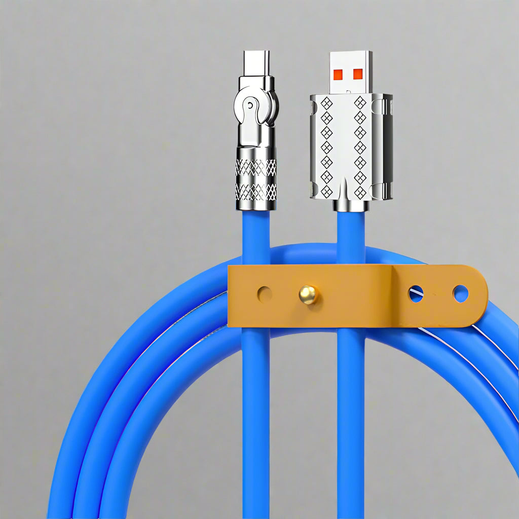 Robust 120W fast charging data cable with 180° rotation, perfect for Type-C & iPhone users.