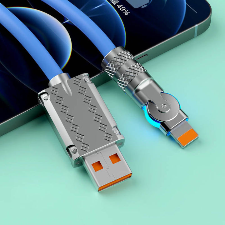 Versatile 120W fast charging & data cable featuring 180° rotation, suitable for Type-C & iPhone.