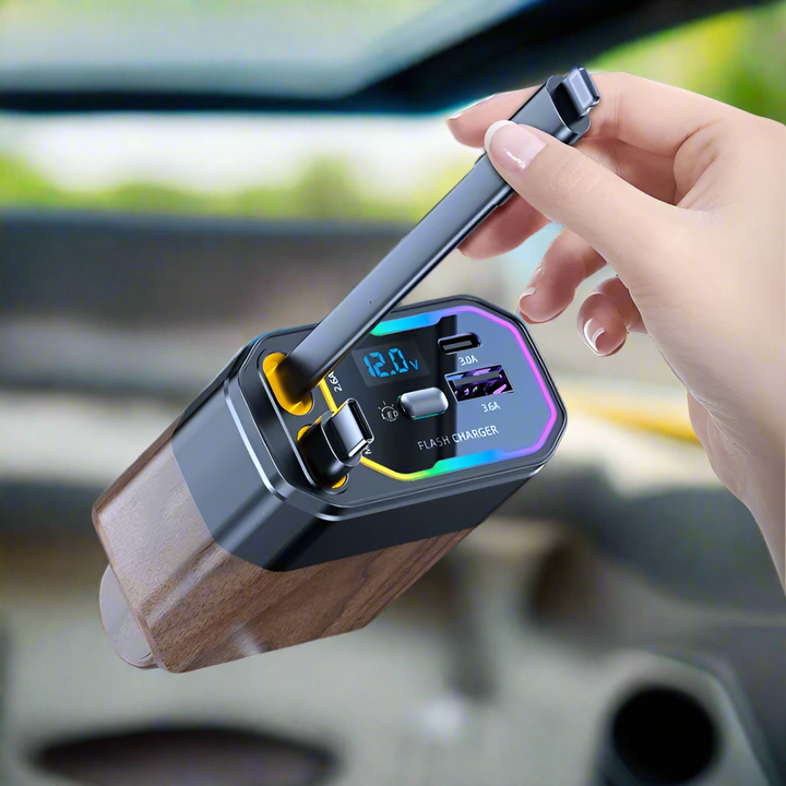 Universal 120W retractable car charger with USB-C, 4-in-1 design for auto accessory