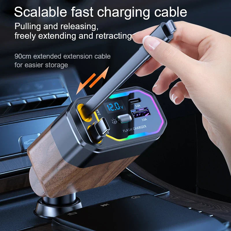 Versatile 4-in-1 car charger 120W, USB-C, retractable cords, power auto accessory
