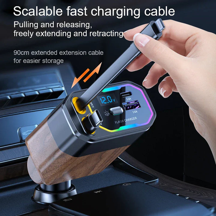 Versatile 4-in-1 car charger 120W, USB-C, retractable cords, power auto accessory