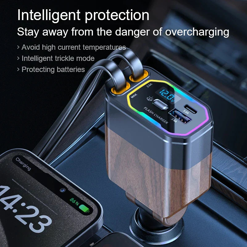 Black 120W retractable car charger with USB-C and cigarette adapter, convenient travel