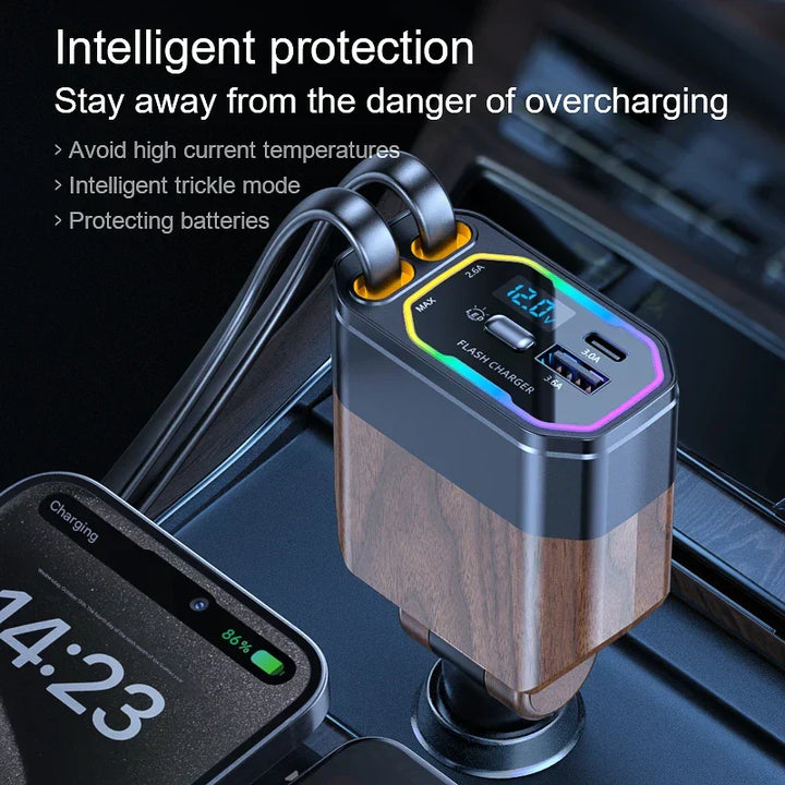 Black 120W retractable car charger with USB-C and cigarette adapter, convenient travel