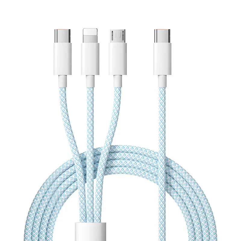 Universal 3-in-1 100W fast charging cable with USB-C, Lightning, and Micro USB connectors