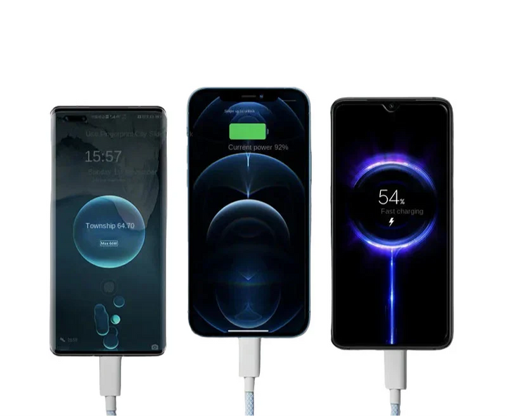 High-speed 100W universal charger showcasing USB-C, Lightning, and Micro USB ends