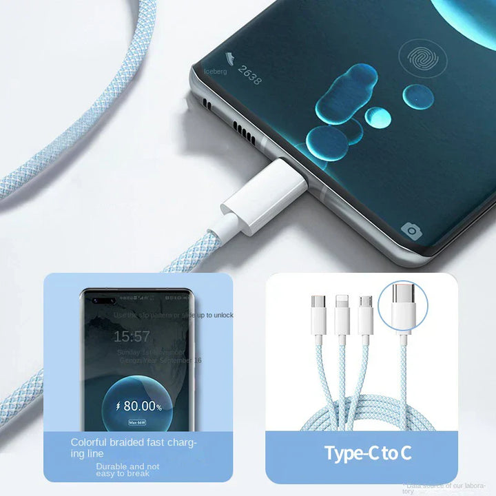Close-up of the 3-in-1 100W fast charging cable's robust USB-C connector