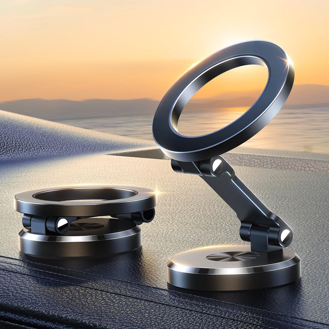 Universal 360° foldable magnetic car phone holder for dashboard. Secure grip smartphone mount.
