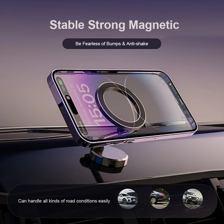 Magnetic car phone holder with 360° rotation. Foldable universal smartphone mount for safe driving.