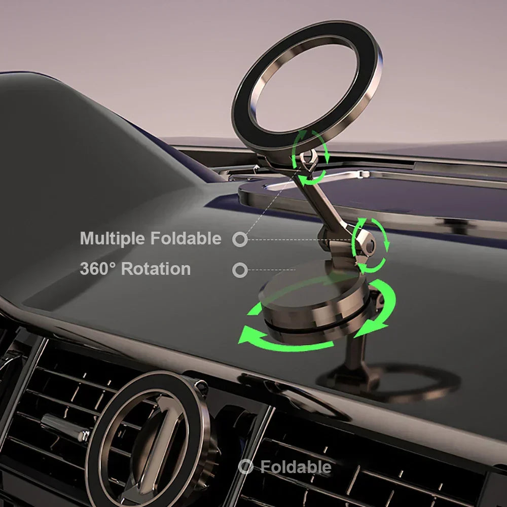 Secure universal car phone holder, magnetic and foldable, with 360° rotation for any smartphone.