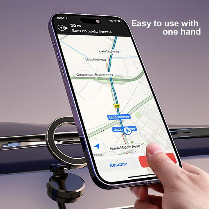 Sleek foldable magnetic car phone holder for dashboard. 360° adjustable universal smartphone mount.