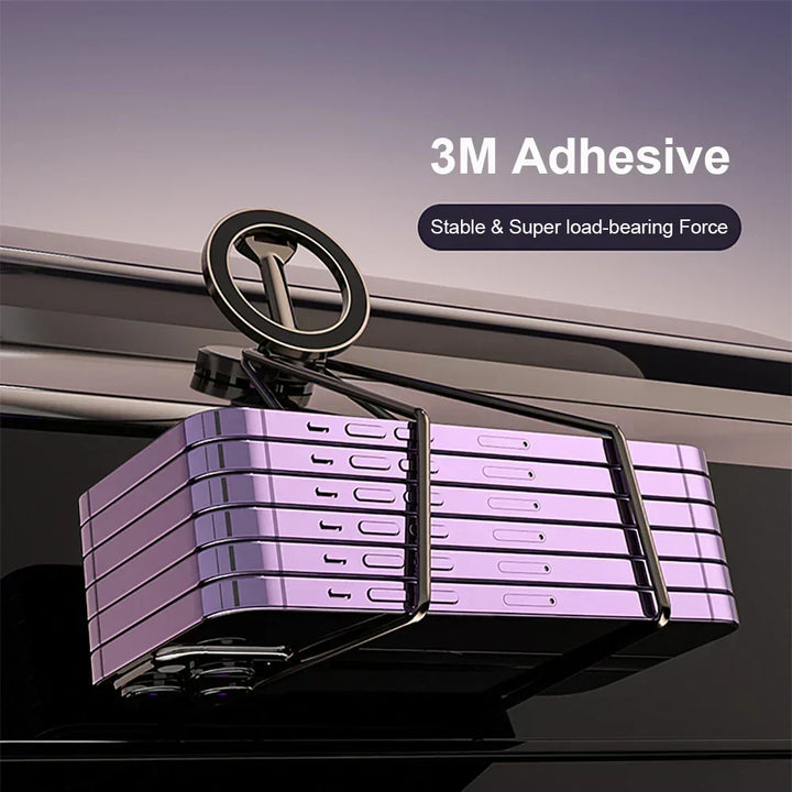 Hands-free magnetic car phone holder. 360° foldable dashboard mount ensures driving safety & convenience.