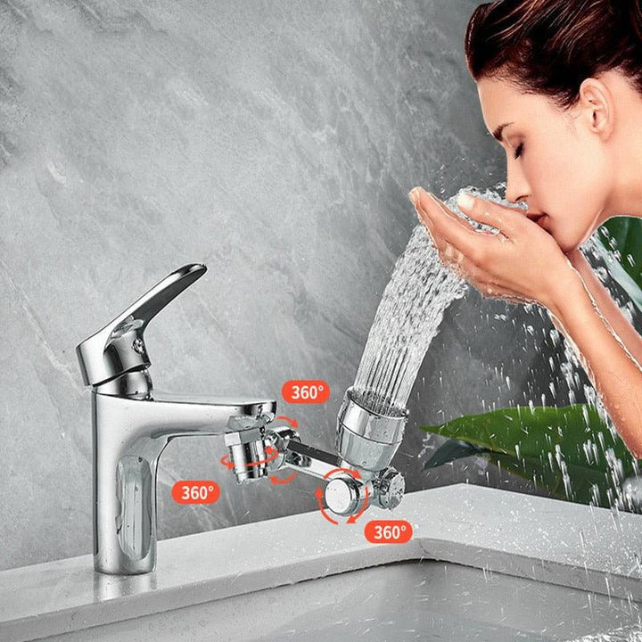 Flexible chrome faucet extender for any sink, providing a 360° swivel sprayer function.