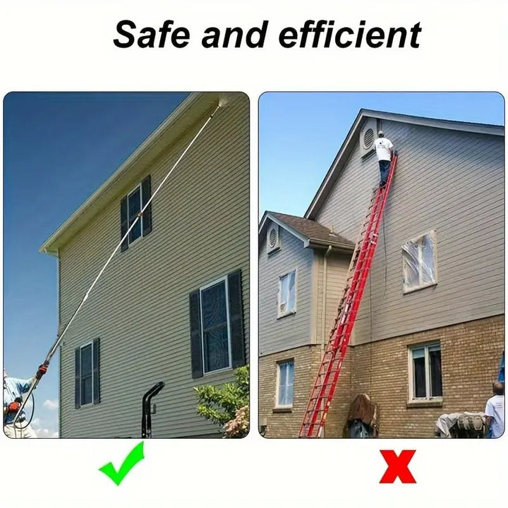 User operating a universal telescoping pressure washer wand, efficiently cleaning a high exterior wall.