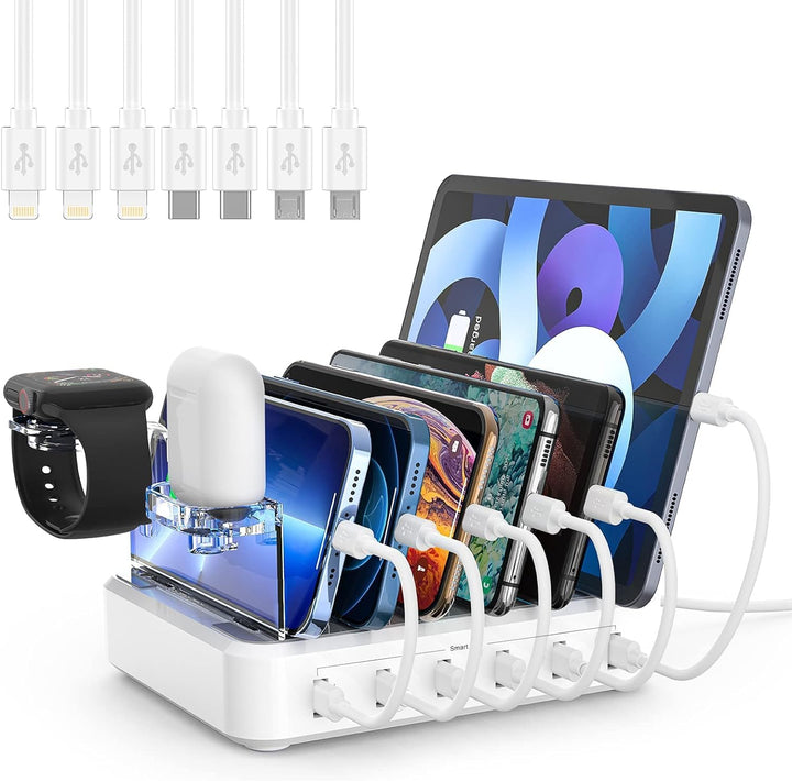 Universal 6-in-1 fast charging station for multiple phones, tablets, and devices. Keeps desk organized.