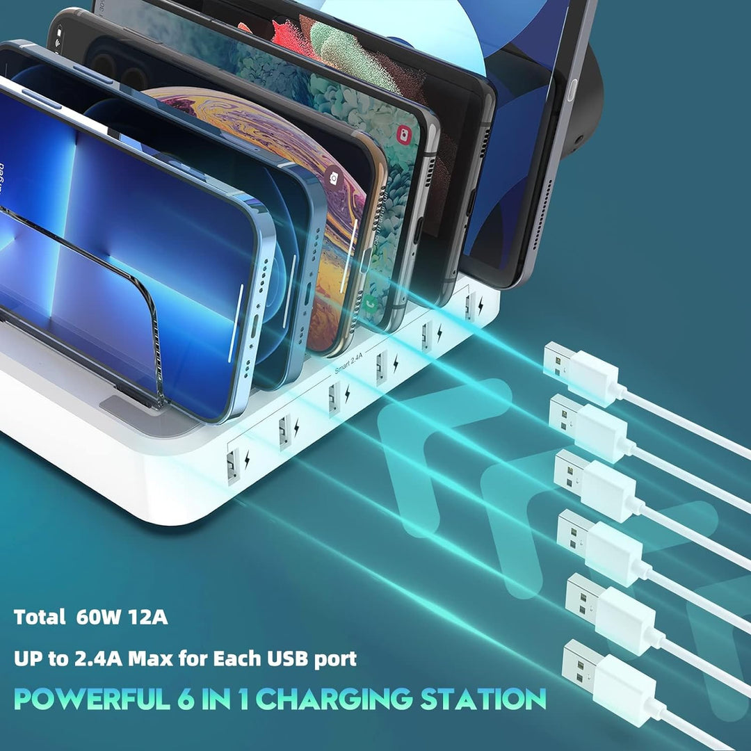 High-speed multi-device charging station with 6 ports for phones, tablets & other tech accessories.
