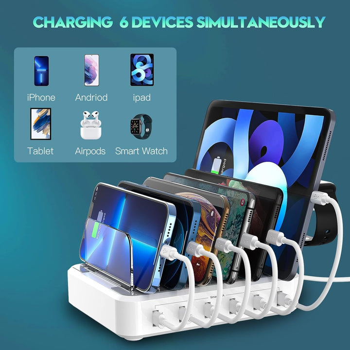 Desk organizer charging station. Universal 6-in-1 power hub for fast charging multiple phones & tablets.