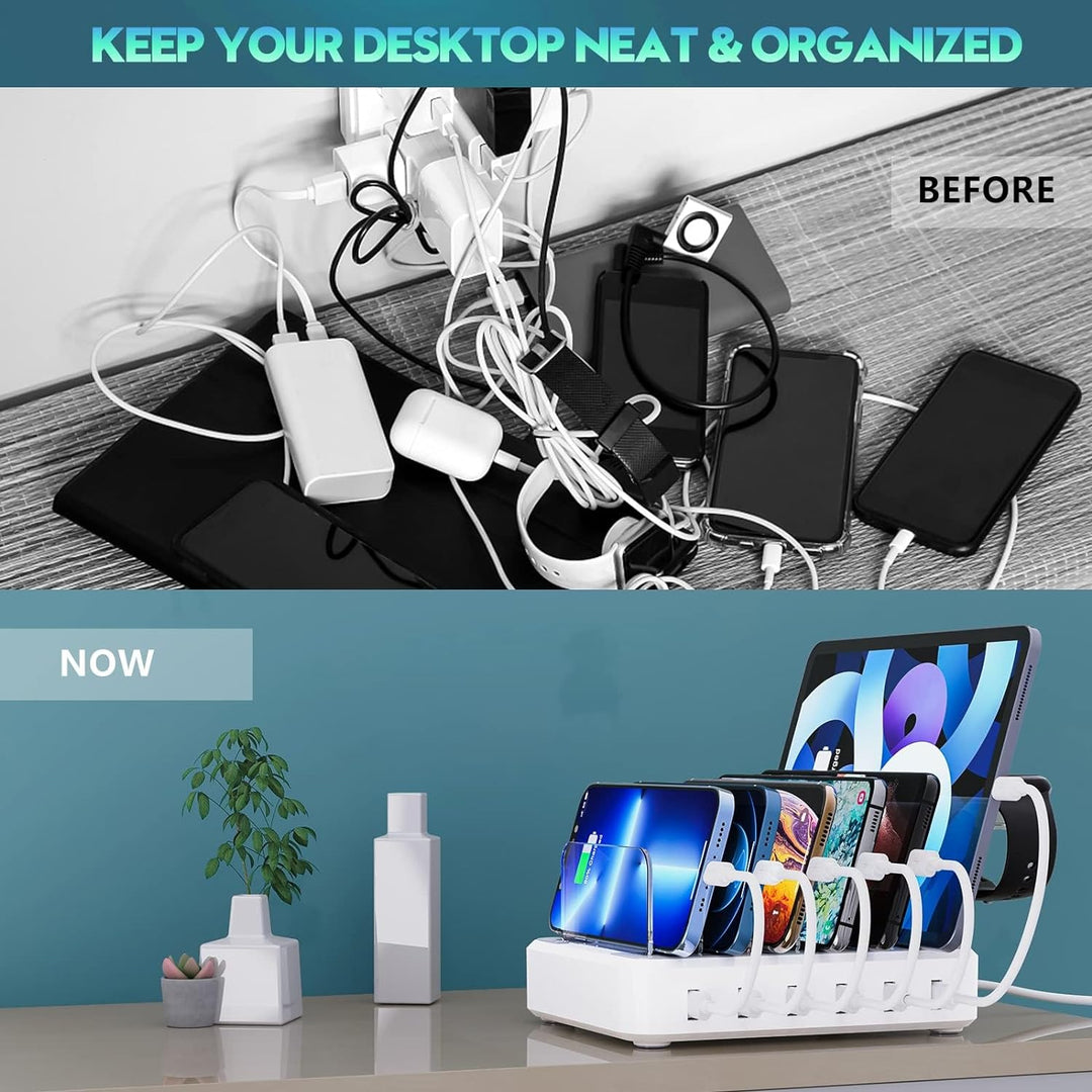 All-in-one universal 6-in-1 fast charging station. Multi-device power hub for phones, tablets & tech.