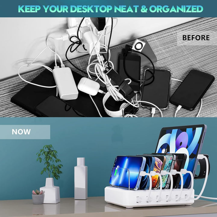 All-in-one universal 6-in-1 fast charging station. Multi-device power hub for phones, tablets & tech.