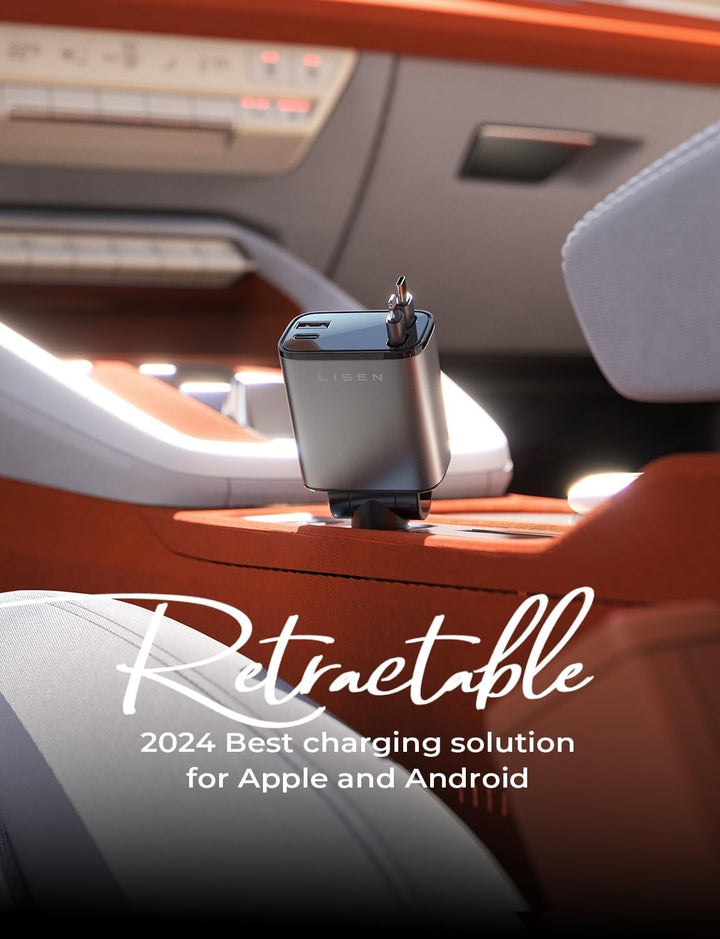 Universal 69W fast charging USB-C car charger with integrated retractable cable for convenience.