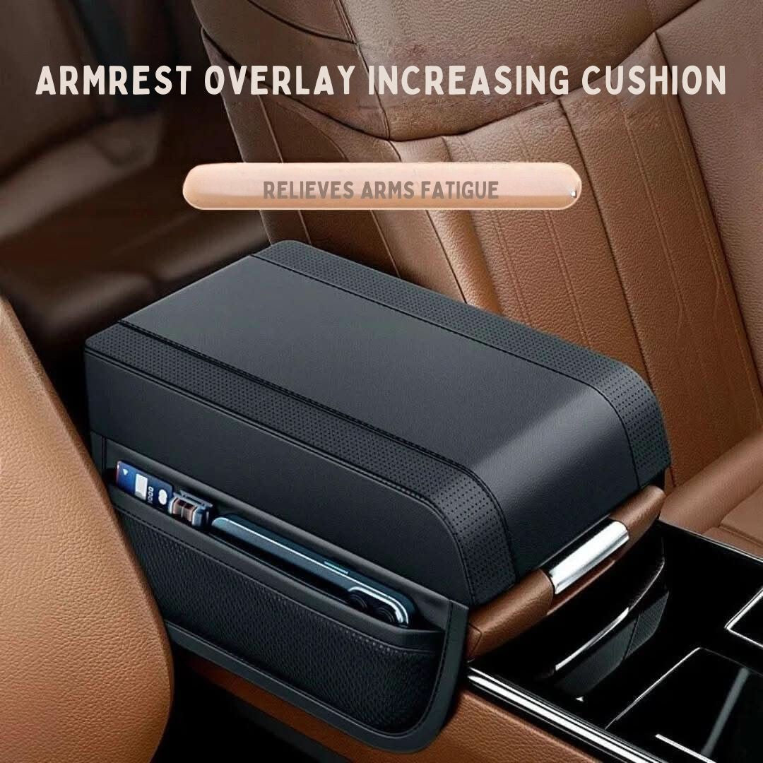 Car armrest cover with storage compartment for keys, phone. Universal auto organizer for vehicle interior.