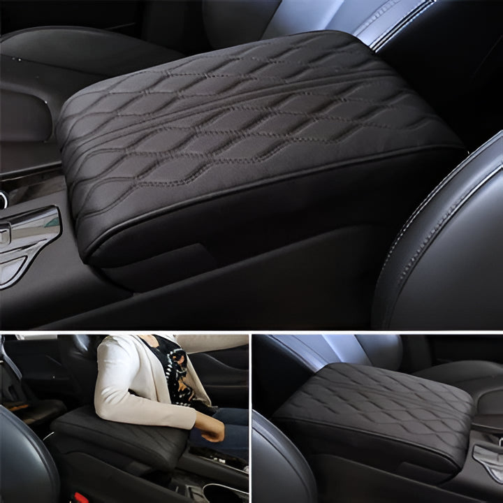 Universal car armrest pad with memory foam core and black leather cover for enhanced driving comfort.
