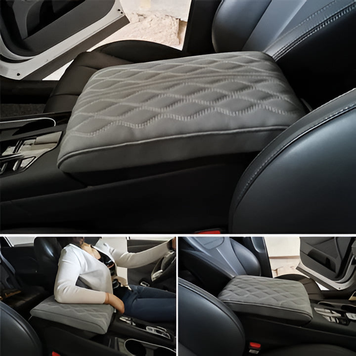 Luxurious leather car armrest pad, memory foam for superior comfort, protects console. Universal fit vehicle accessory.