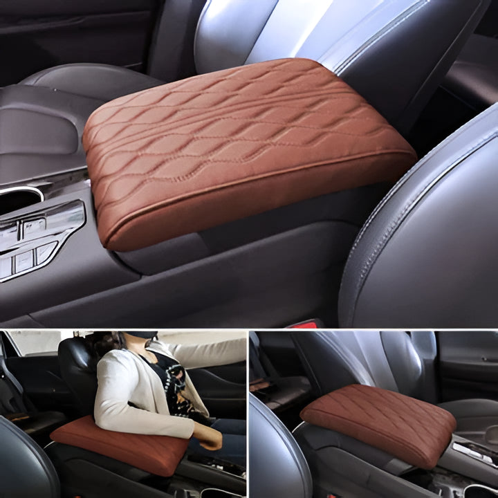 Black leather car armrest pad, universal fit for most vehicles. Memory foam console cover for elbow relief & interior upgrade.