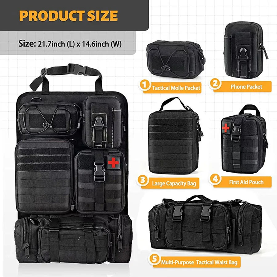 Vehicle storage accessory with multiple pockets for snacks, toys, and emergency kits. Universal fit.