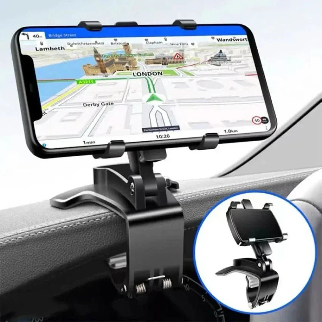 Universal car dashboard phone holder for secure navigation. Adjustable smartphone mount with strong grip.