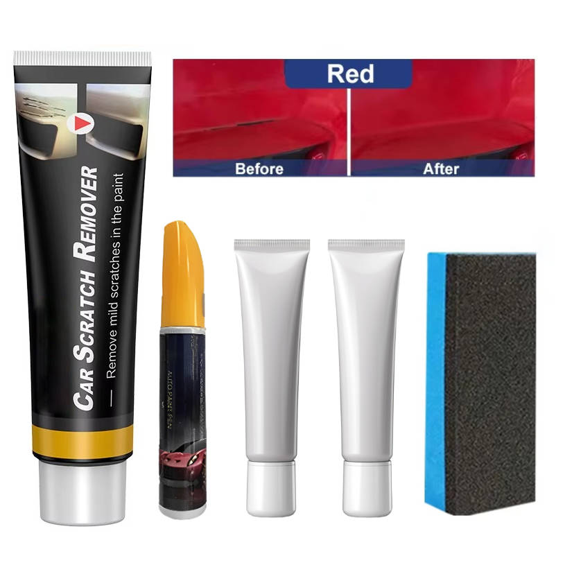 Universal car deep scratch repair kit components displayed, including professional-grade scratch remover & polisher.