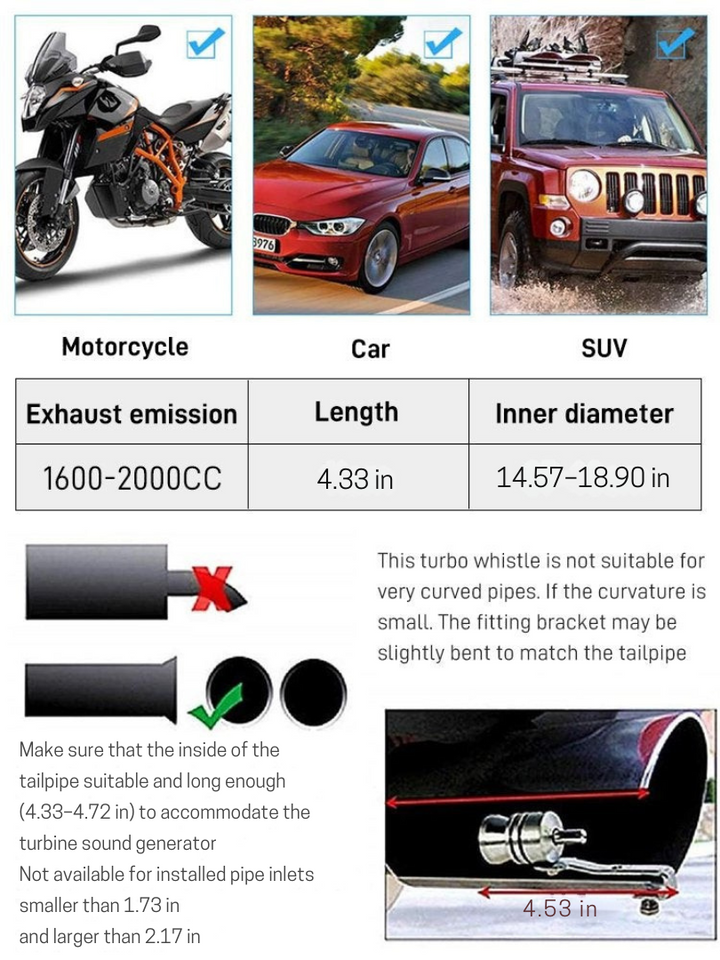 Give your vehicle a sporty edge with this universal exhaust turbo sound whistle. Auto tuning engine sound amplifier.