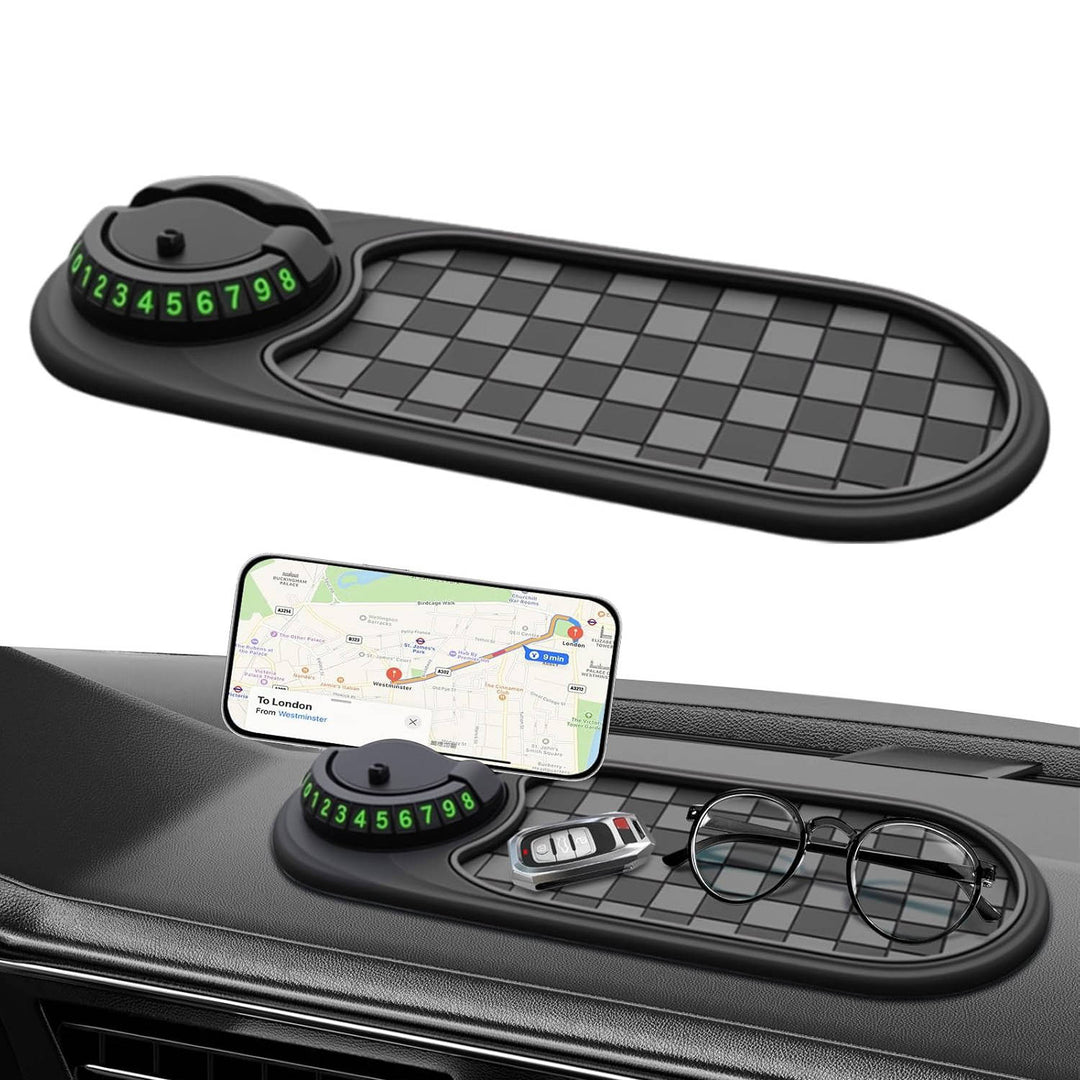 Universal car phone holder & dashboard organizer with anti-slip mat and storage tray.