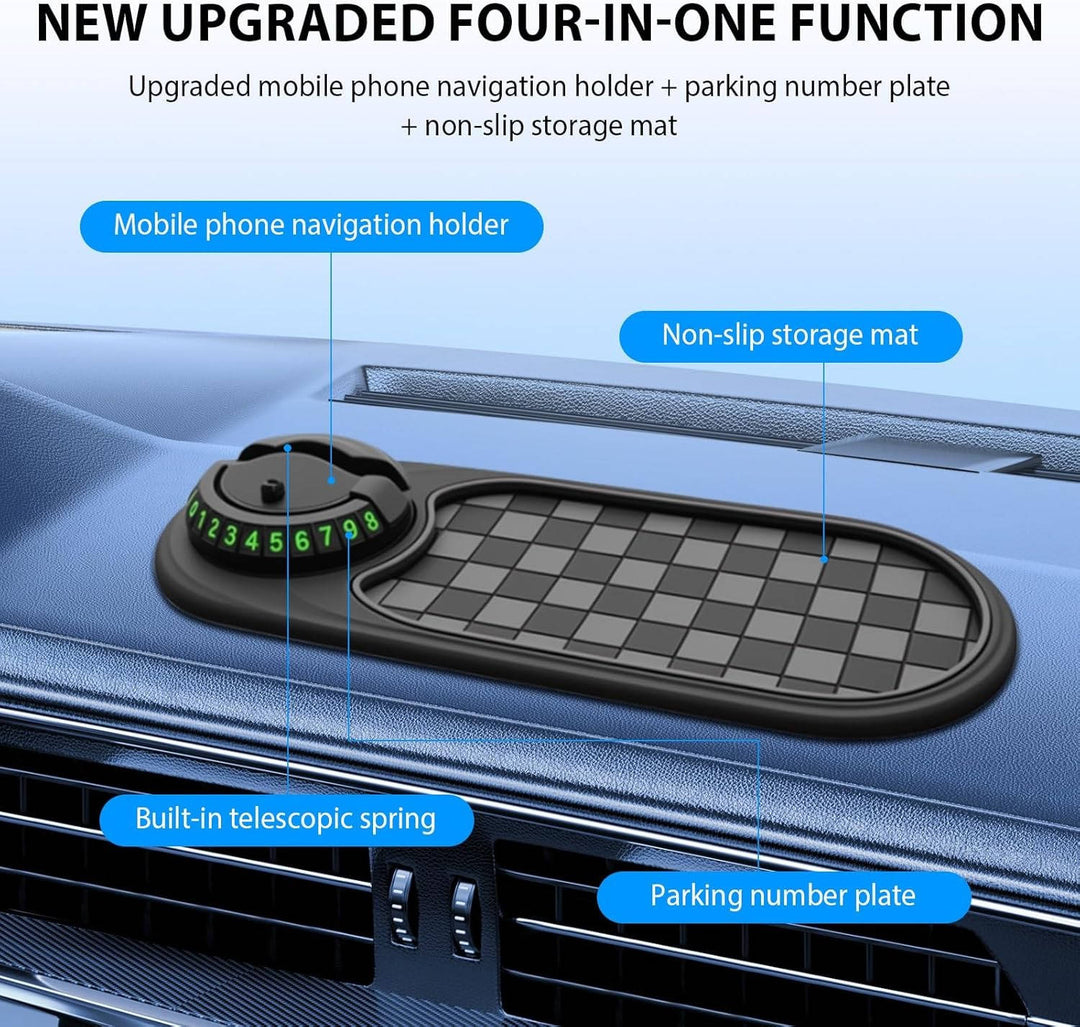 Secure universal car phone holder and dashboard organizer, includes storage & temporary parking number.