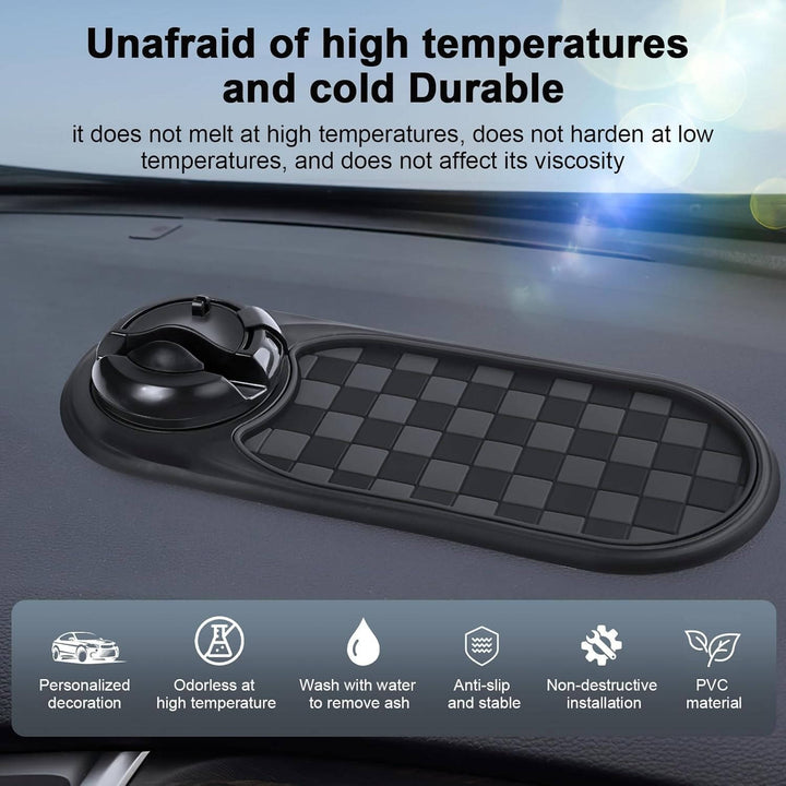 Black anti-slip universal car phone holder for dashboard, doubles as organizer with storage & phone stand.