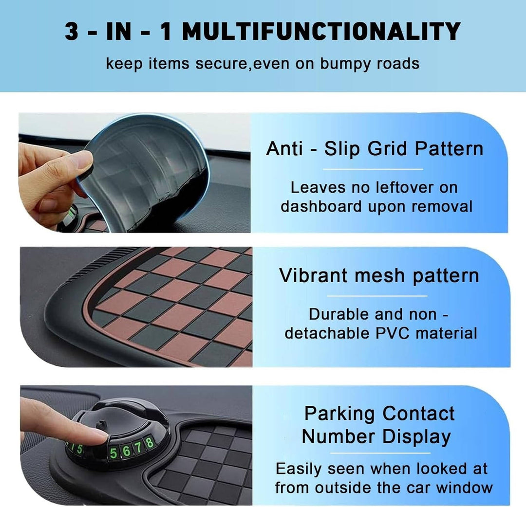 Multi-functional universal car phone holder, dashboard organizer, storage, anti-slip mat & parking display.