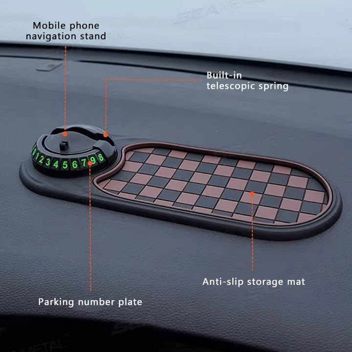 Dashboard car phone holder with storage tray, anti-slip base & temporary parking number display for vehicles.