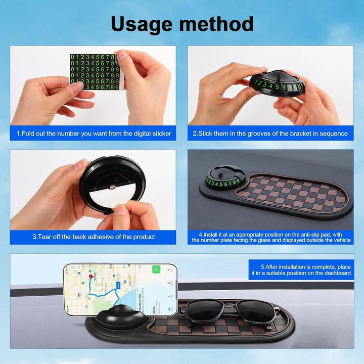Universal dashboard phone holder and car storage solution with anti-slip mat and phone stand function.