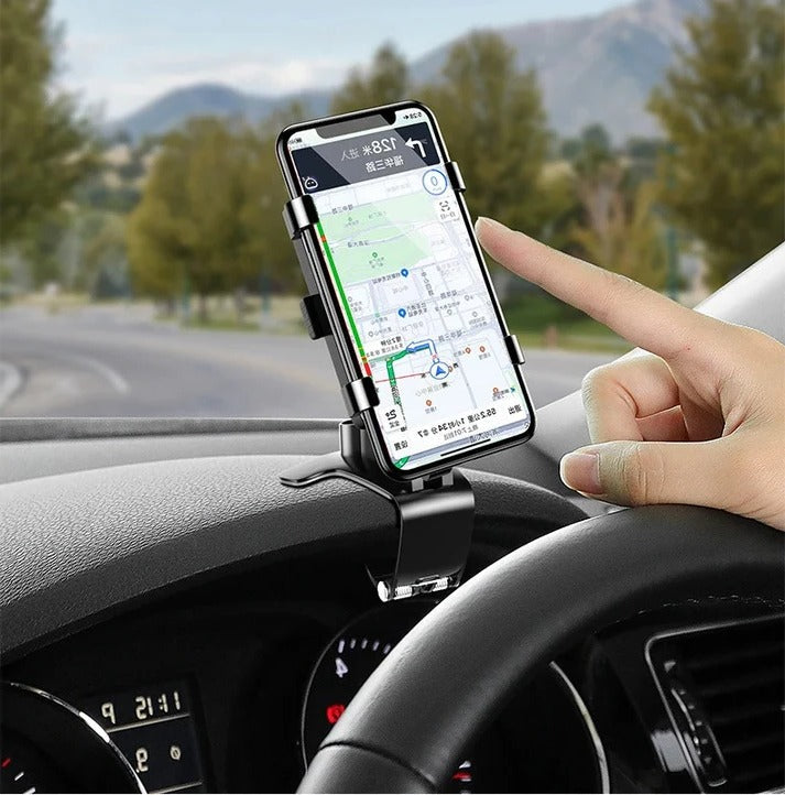 Black ABS plastic multifunctional car phone holder for dashboard. Ideal vehicle accessory for safe driving.