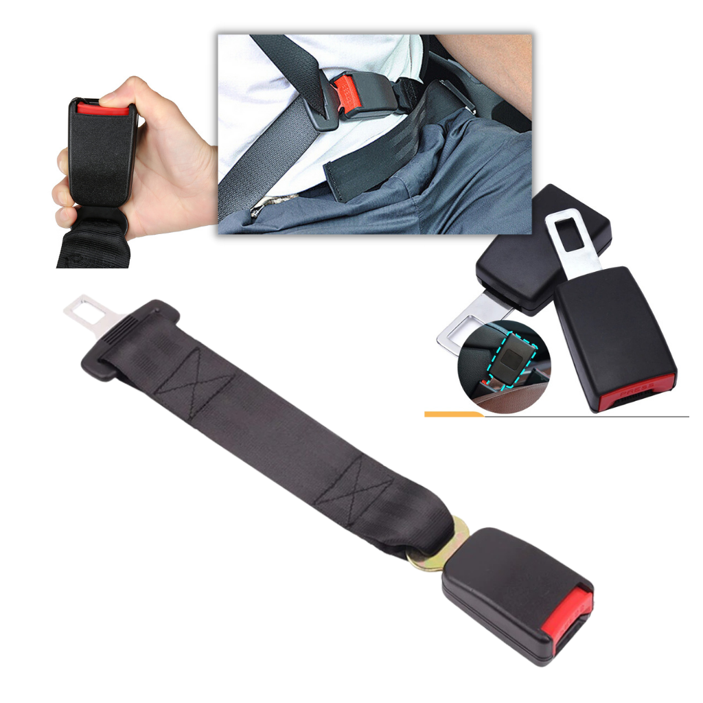 Pregnant driver using a universal car seat belt extender for improved comfort & safety.
